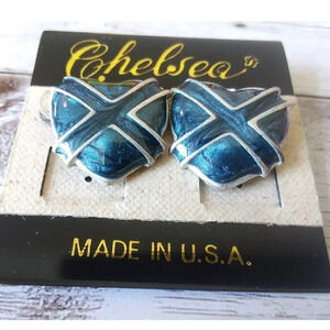 NWT Vintage 1980s Blue Heart Crossed Enamel Painted Earrings